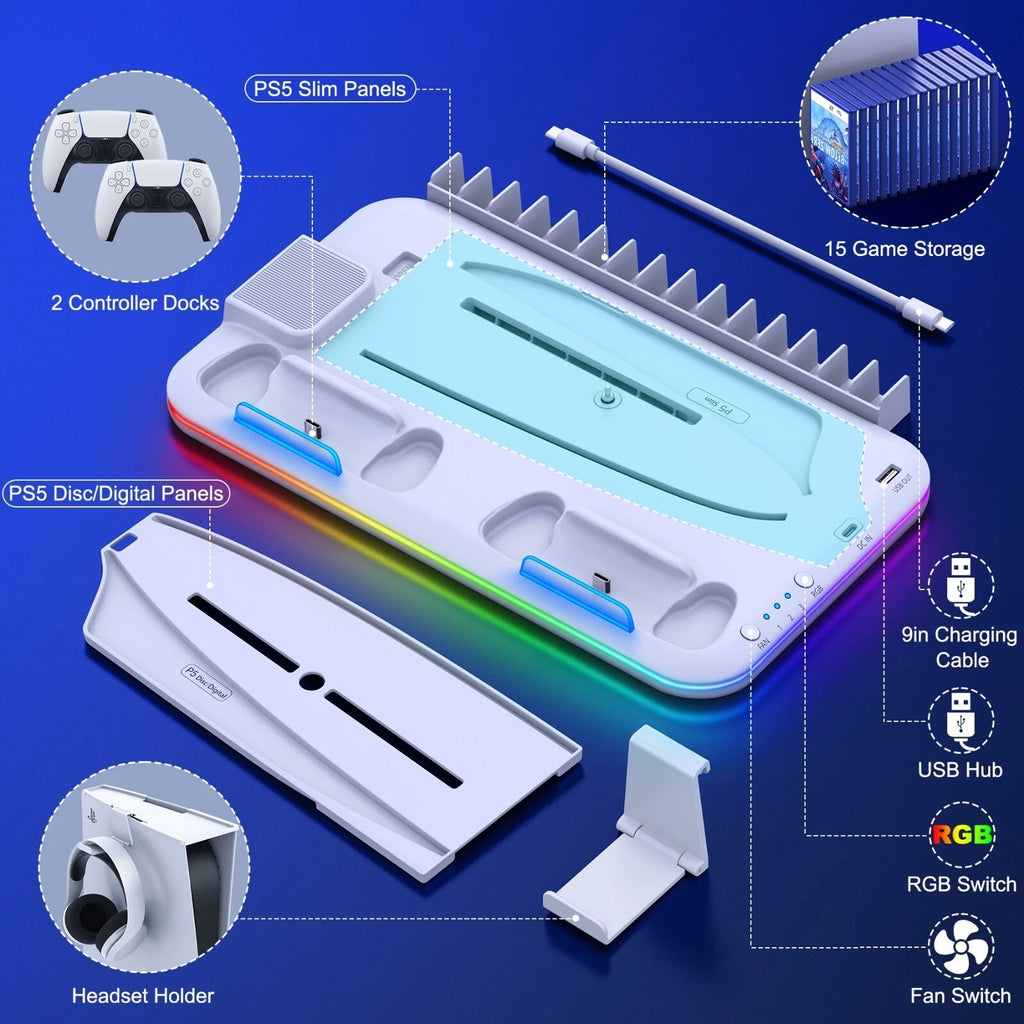 PS5 Controller Charger Stand with Cooling Fan for Disc Digital and Slim Editions