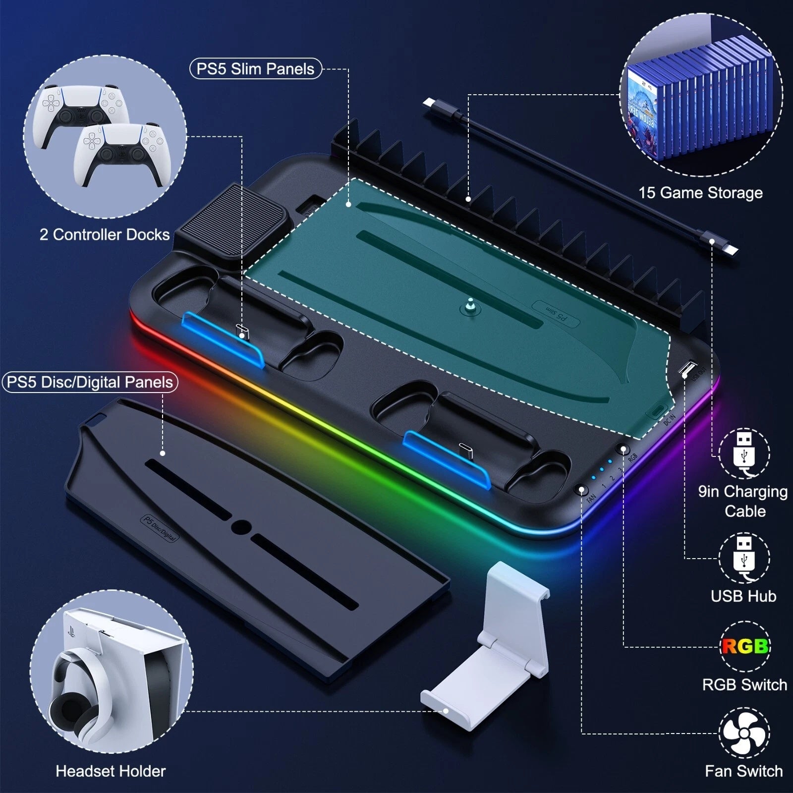 PS5 Slim Controller Charger Stand with Cooling Fan for Disc and Digital Editions