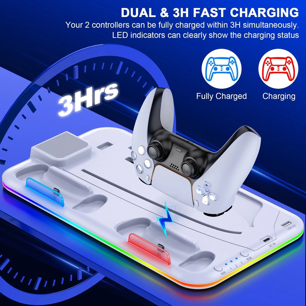 PS5 Controller Charger Stand with Cooling Fan for Disc Digital and Slim Editions
