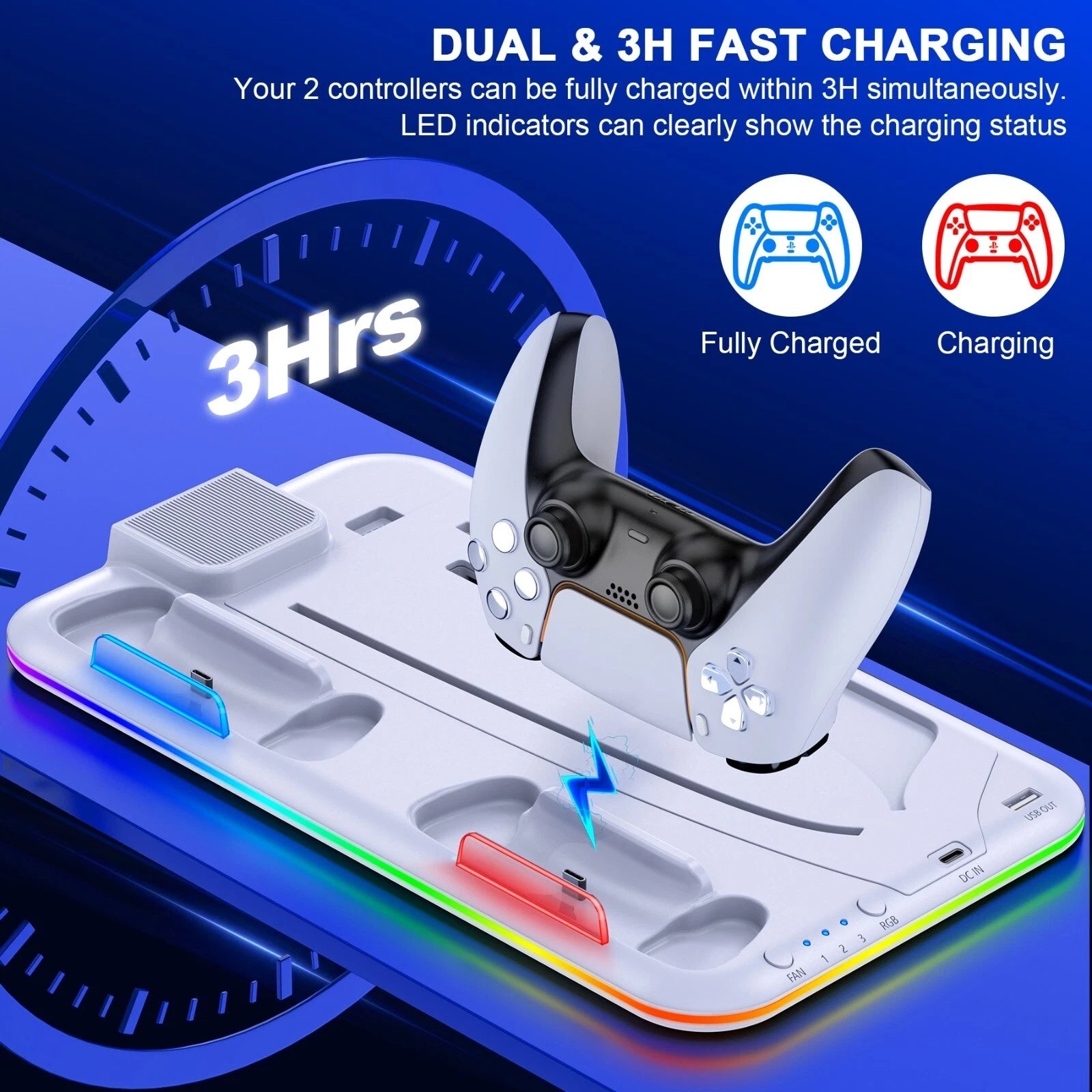 PS5 Controller Charger Stand with Cooling Fan for Disc Digital and Slim Editions