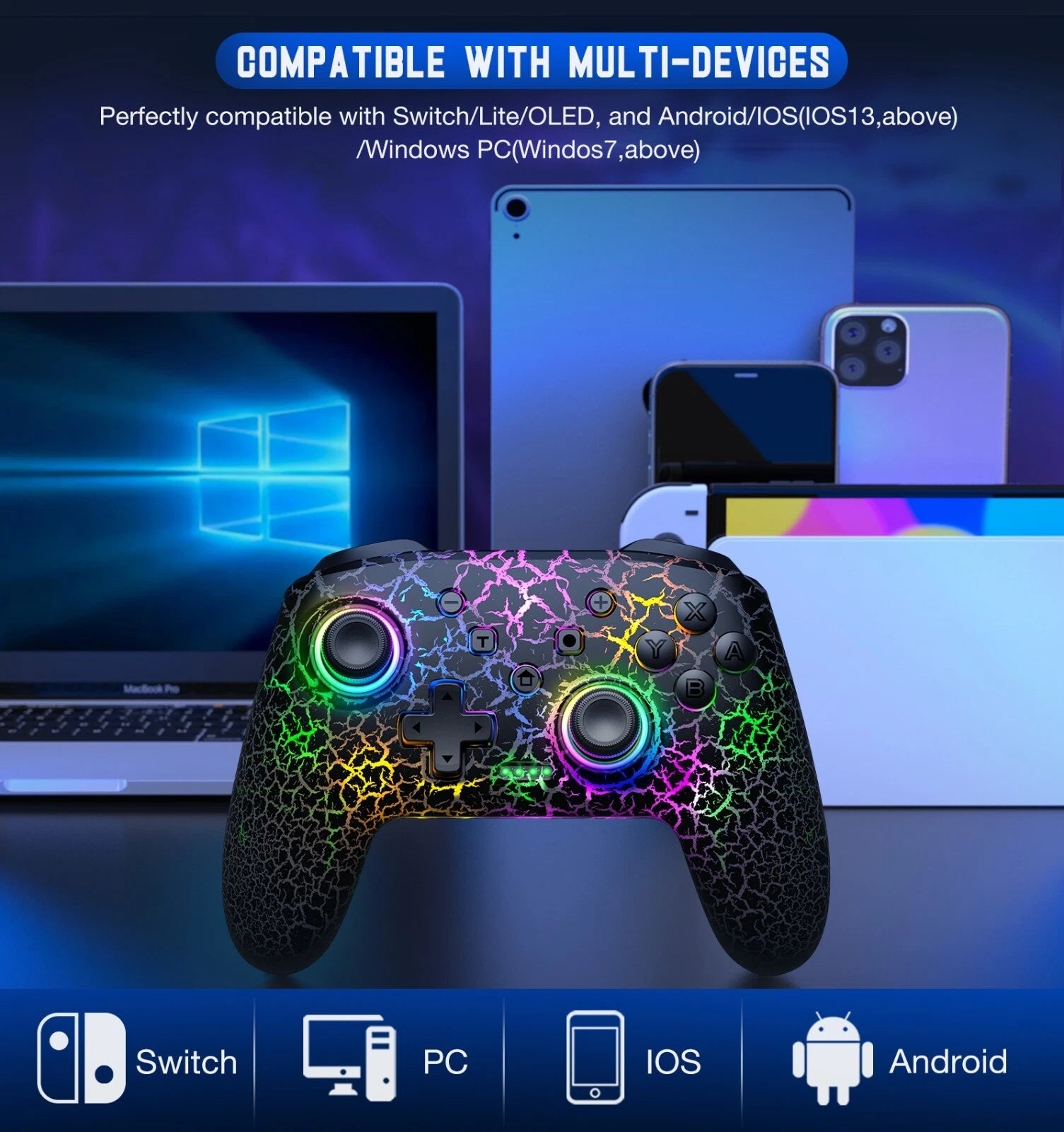 Wireless Switch Pro Controller for OLED Lite PC iOS Android Gamepad Black Crack