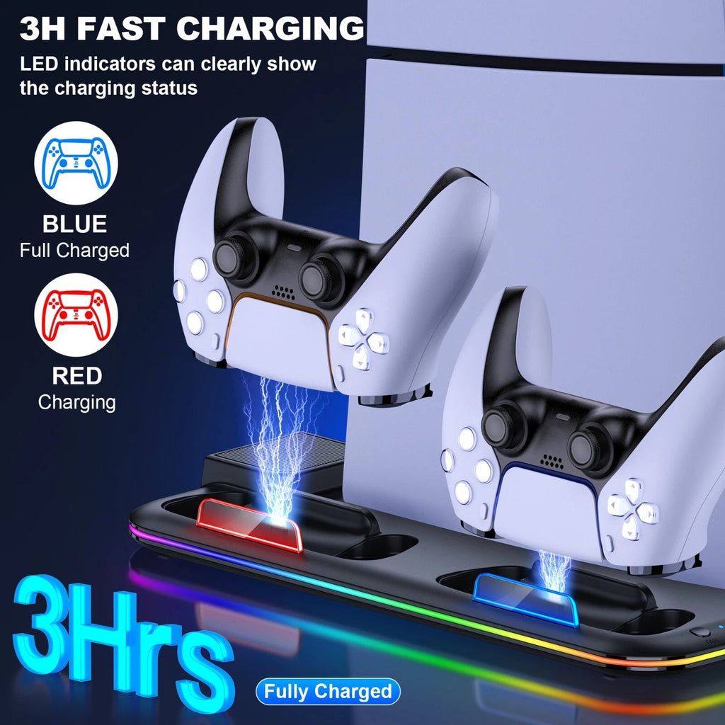 PS5 Slim Controller Charger Stand with Cooling Fan for Disc and Digital Editions